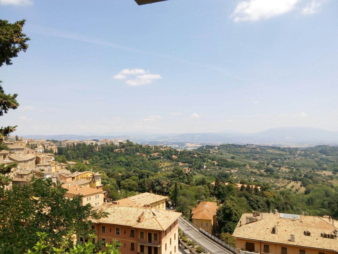 Cittadina europea con tetti in terracotta incastonata tra dolci colline verdi.